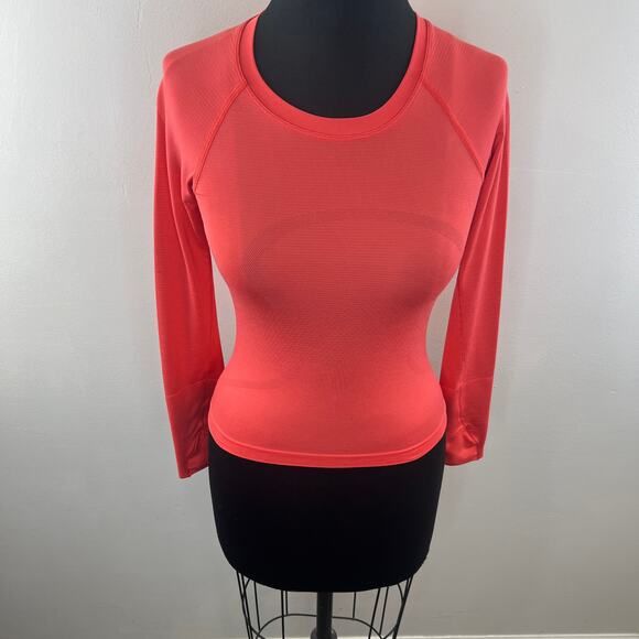 Lululemon Orange Top Stretch Crew Neck Thumb Hole Raglan Sleeve Performance Sz 2 - Picture 2 of 8